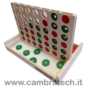 Immagine del forza 4 con la scacchiera in posizione di gioco, cioè verticale, e con varie pedine inserite, dove si nota che la partita è terminata in quanto le pedine piene, quelle rosse, ne hanno 4 in fila in diagonale