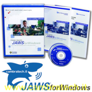 Immagine della confezione con i libretti in nero e il cd di istallazione e in primo piano il logo grafico di jaws raffigurante uno squalo blu stilizzato che dalla bocca emette dei suoni rappresentati graficamente da 3 archi di dimensioni crescenti dalla bocca verso l'esterno