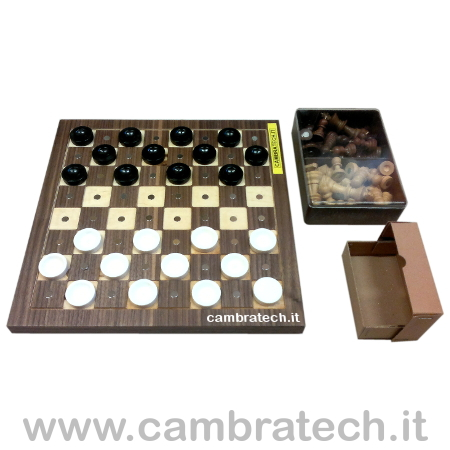 immagine della scacchiera magnetica con disposte sopra ad essa le pedine della dama; di fianco a destra la custodia con gli scacchi e la custodia vuota della dama.