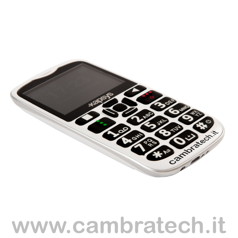 Immagine della facciata anteriore, in cui si vede anche lo spessore, del MiniVision 2+ cellulare parlante semplificato con tastiera in rilievo e comandi vocali