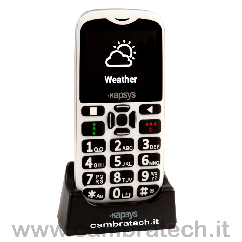 Immagine della base di ricarica con inserito il MiniVision 2+ cellulare parlante semplificato con tastiera in rilievo e comandi vocali